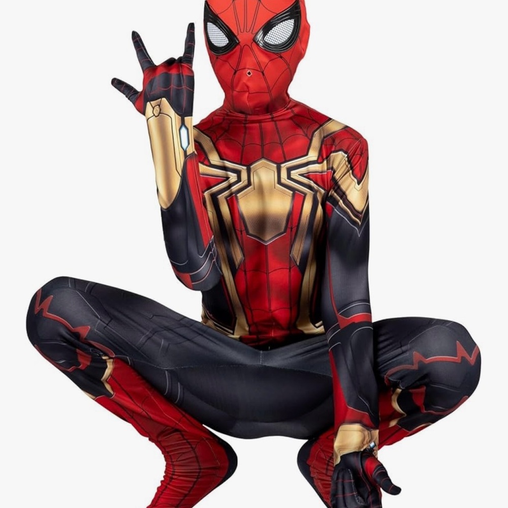 Kids Red & Gold Spider Superhero Costume - Masked Jumpsuit